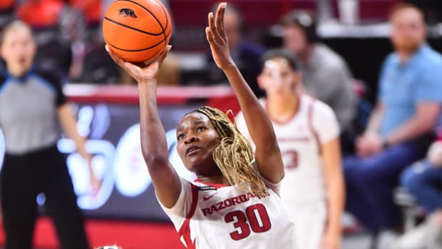 Razorbacks' Maryam Dauda puts up a shot against South Carolina